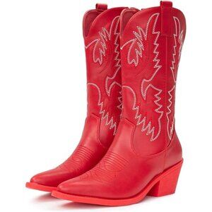 Red Western Ankle Boots with Embroidered Shaft